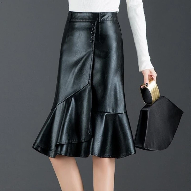Юбка из искусственной кожи с длинным хвостом 9623 юбка Осень зима 2019|Женские юбки| |