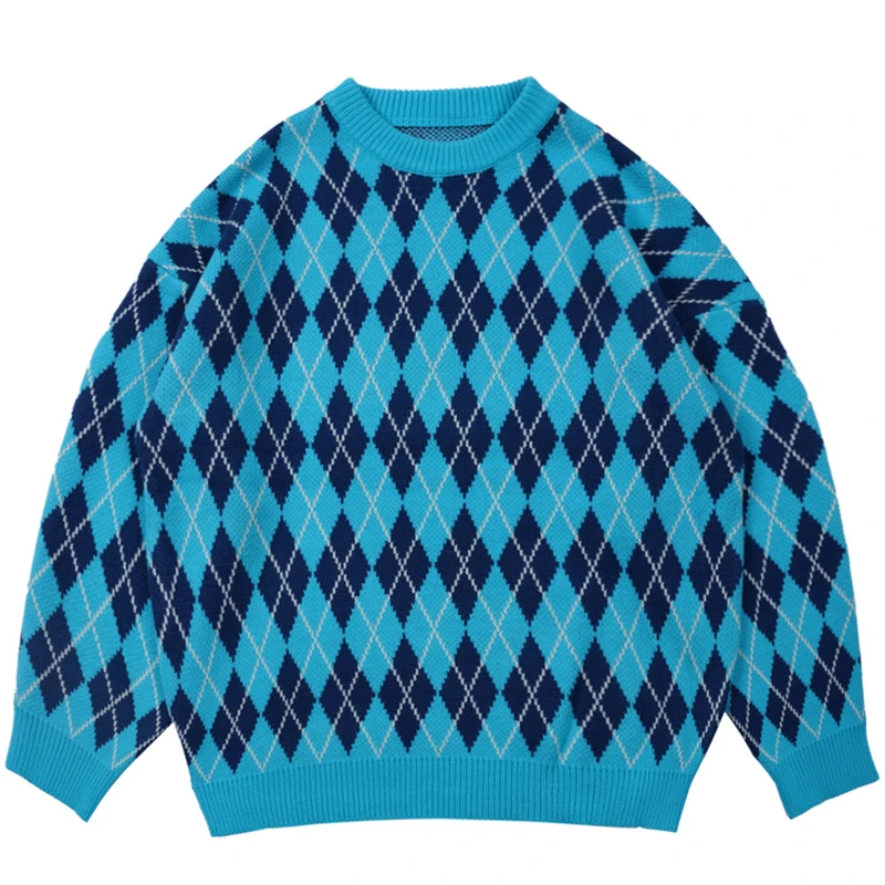 

Mens Harajuku Rhombus Jacquard Sweaters Winter Unisex Oversized Couple Knitwear Male Casual Loose Vintage 90s Pullover Tops