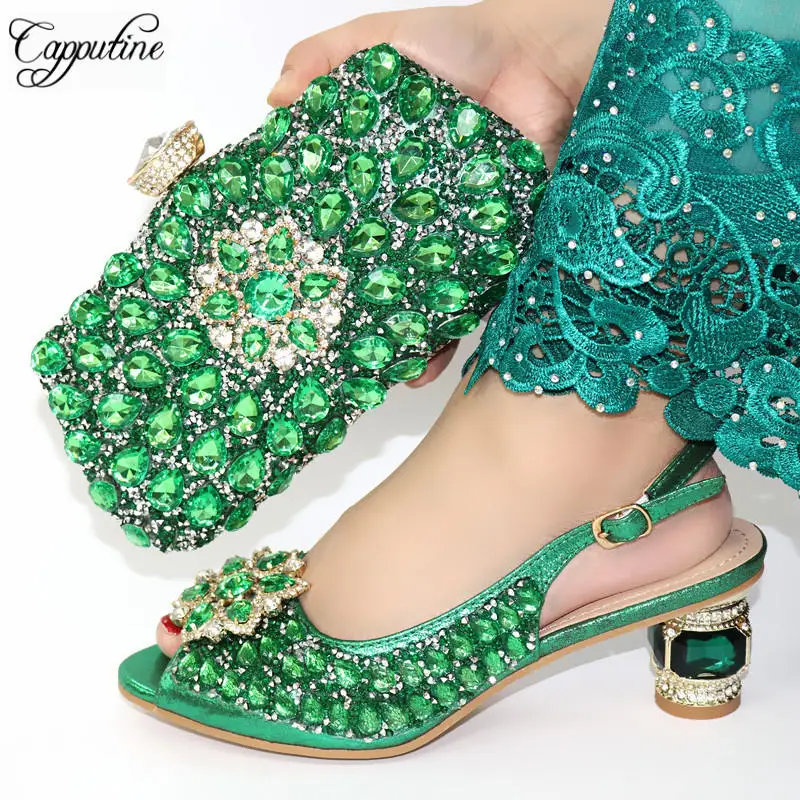 

Capputine New Italian Decorated With Rhinestone Party Shoes With Bag Set African Green Color Middle Heels Shoes And Bag Set