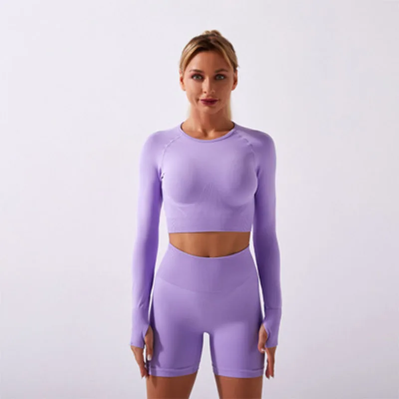

SALSPOR Seamless Yoga Sets Women Fitness Sports Longs Sleeve Push Up Shorts Joggings Workout Breathable Athletics Gym Tracksuit
