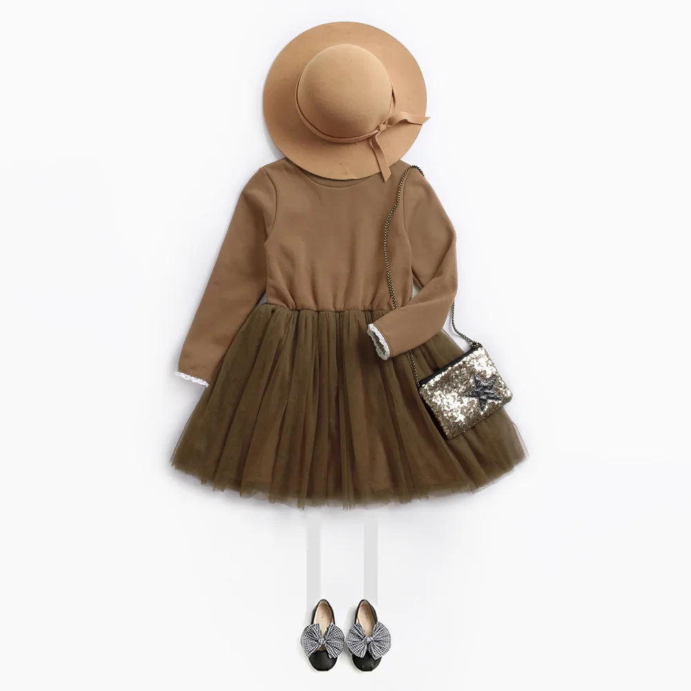 

Girls Winter Clothes New Long-Sleeved Plus Velvet Net Yarn Girls Dress Pure Color Elegant Children Princess Dress 4-8 Years Old