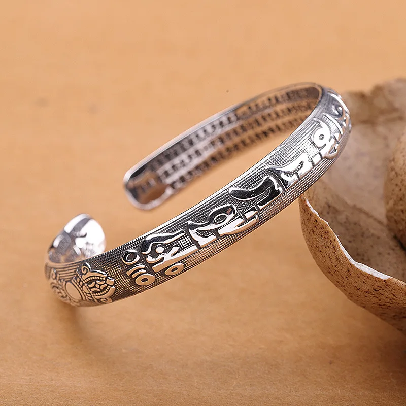 

Uglyless Solid 999 Fine Silver Jewelry Women Heart Sutra Buddhistic Open Bangles Thai Silver Mantra Bangles Silver Bijoux BA730