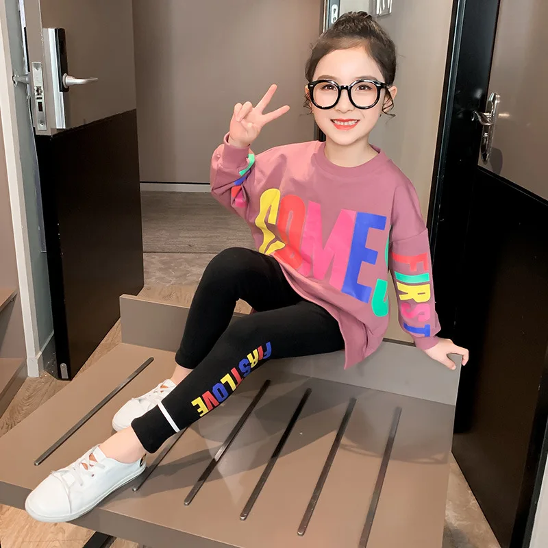 

2021 New Spring Autumn Colored Letters Children Clothes Baby Girls Suit Cotton Hoodies Sweatshirts+Pants Kids Toddler Outwear