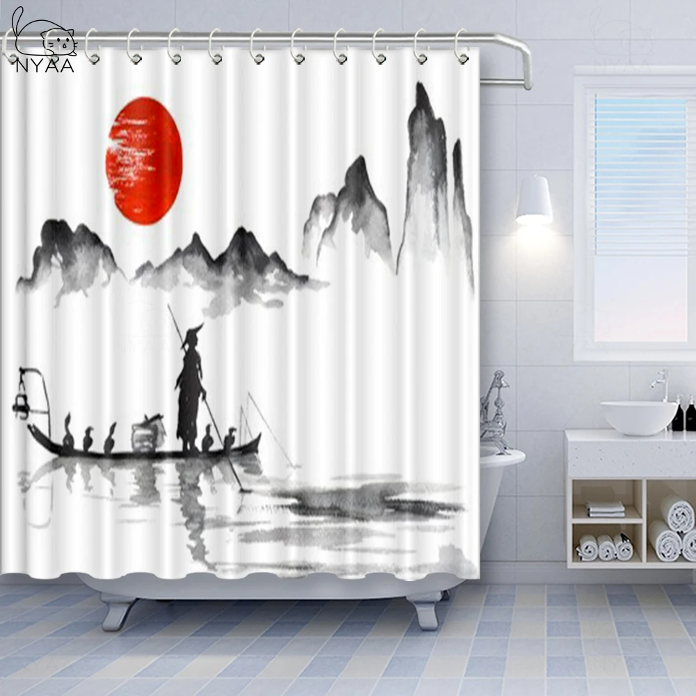 Занавеска для душа из полиэстера с принтом в виде лодки японская раскраска | Дом и