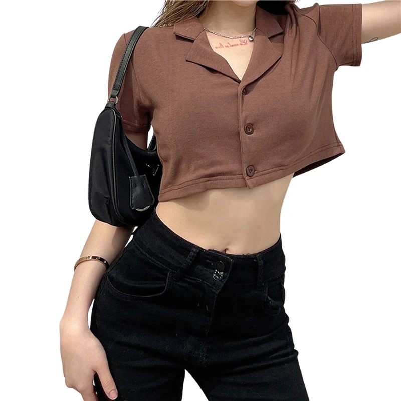 

Short Sleeve Crop Top All-Match Solid Color Cardigan Loose Casual Tees New Lapel Button Down T-shirts 2021 Women Summer Fashion
