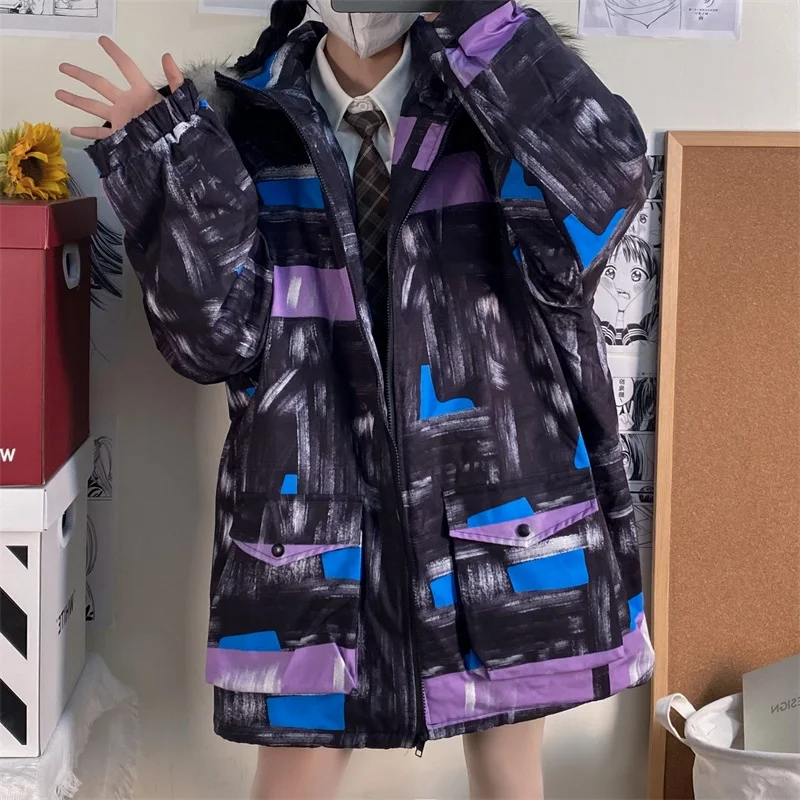 Куртка-пуховик с абстрактным принтом для пары зимняя стеганая одежда