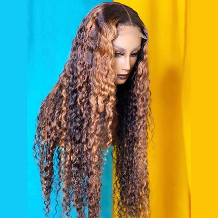 Парик блонд с эффектом омбре бразильские натуральные волосы кудрявыми кружевами