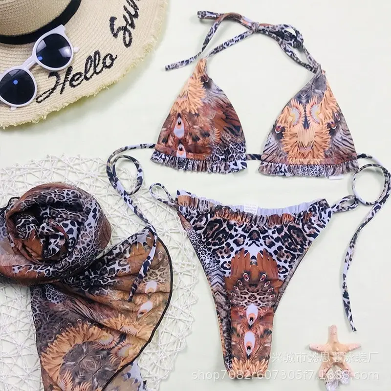 

Brazilian Floral Print Swimsuit 3-piece Mesh Bikini Set Triangle Micro Swimwear Women String High Cut Bathing Suit Beach Wear
