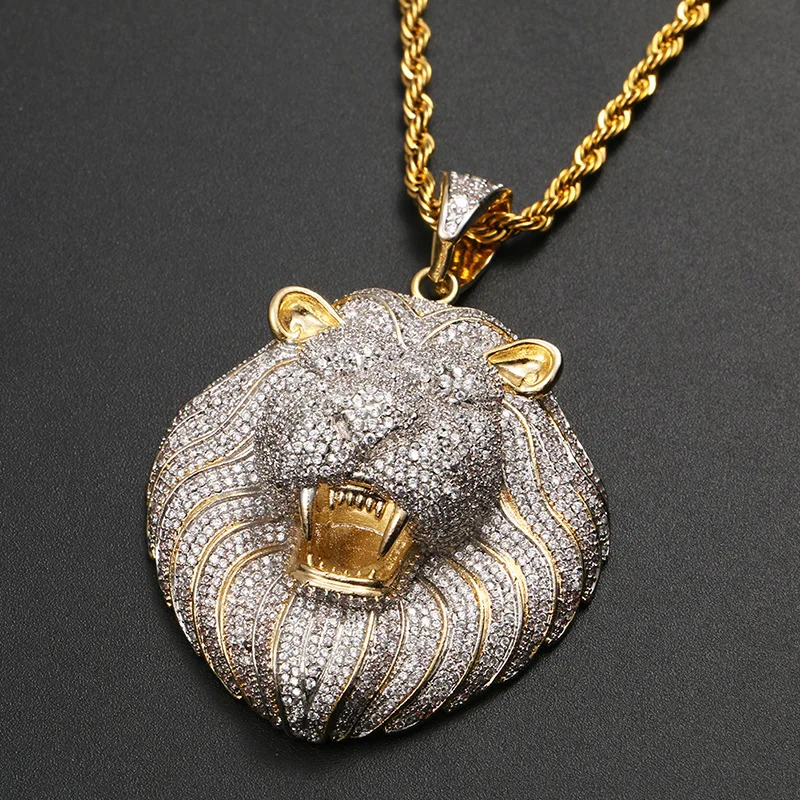 Iced Out микро проложить кубический циркон голова льва кулон ожерелье для мужчин хип