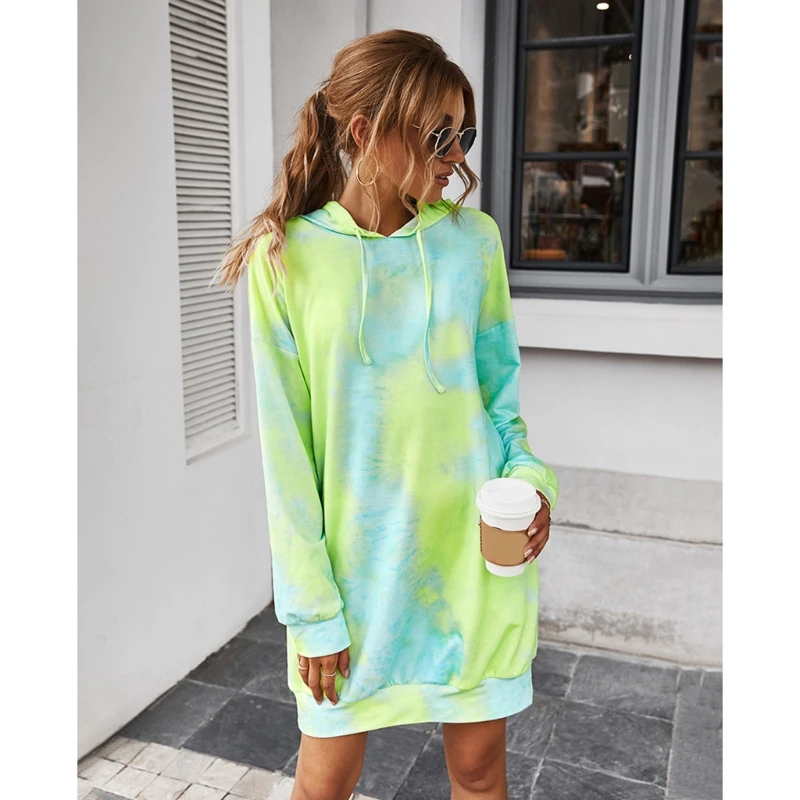 

Women Long Sleeve Drawstring Hoodie Dress Tie-Dye Loose Sweatshirt with Pockets