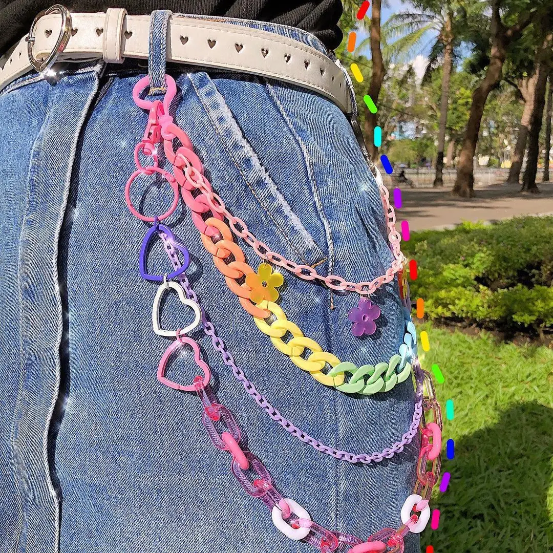 

Hip-Hop Rainbow Resin Chain Cute Retro Pants Chain For Women Men Acrylic Heart Multilayer Punk Girls Party Jewellery