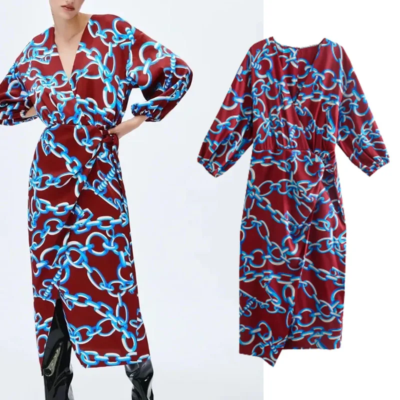 

Xypskh Za Women 2021 New Fashion With Knot Floral Print Crossover Midi Dress Vintage Three Quarter Sleeve Female Dresses Mujer