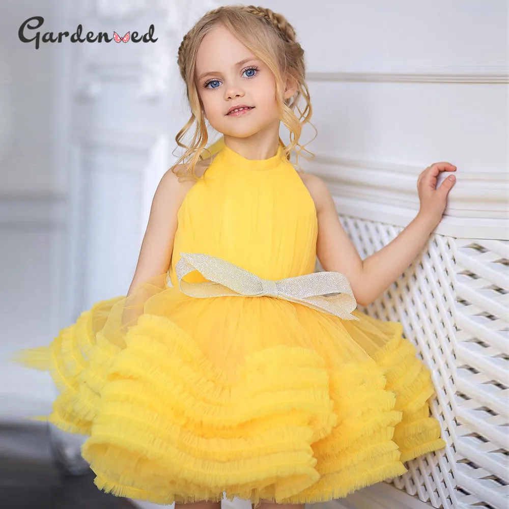 Yellow Baby Girl Dress Bow Puffy Dresses For Girls High Collar Bow Communion Dress Knee Length Flower Girl Dresses Kids Dresses