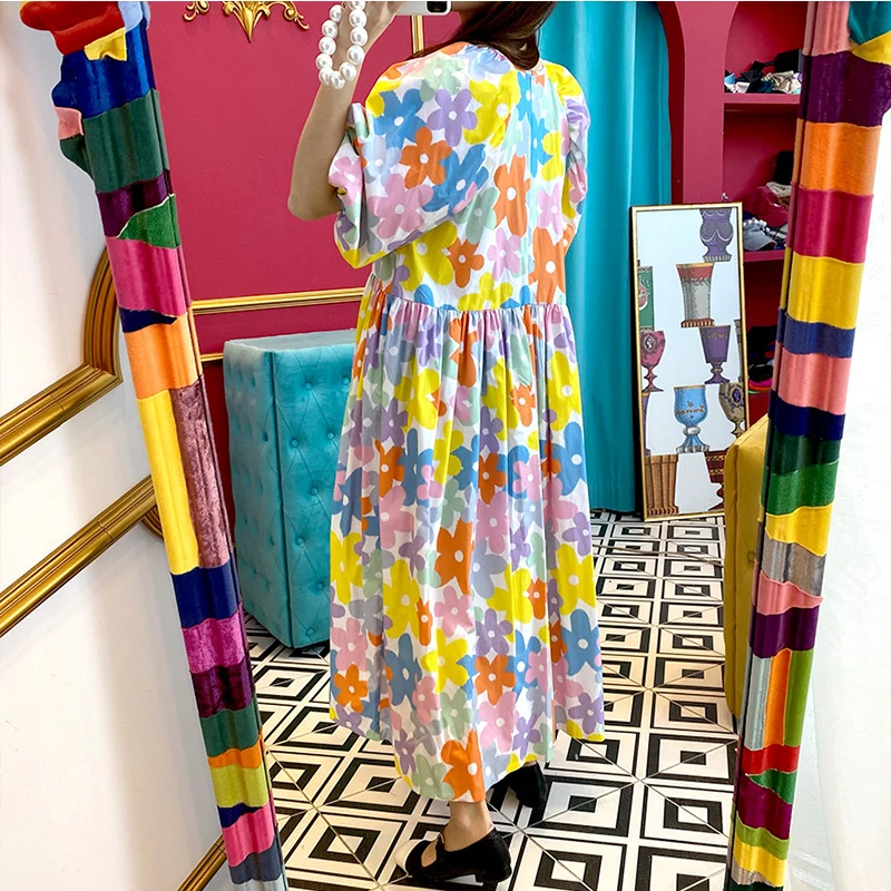 

2021 new sweet retro temperament big flower raglan sleeve dress women