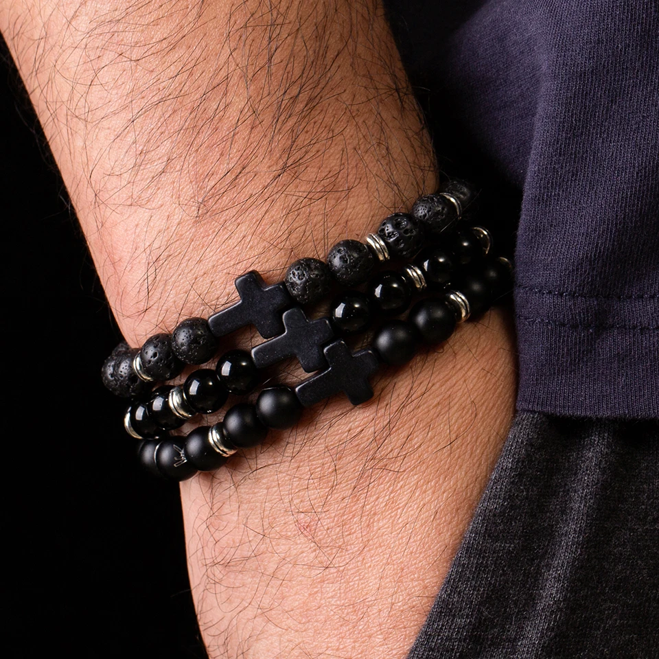 Черный натуральный камень бусина из лавового камня браслеты с крестообразной