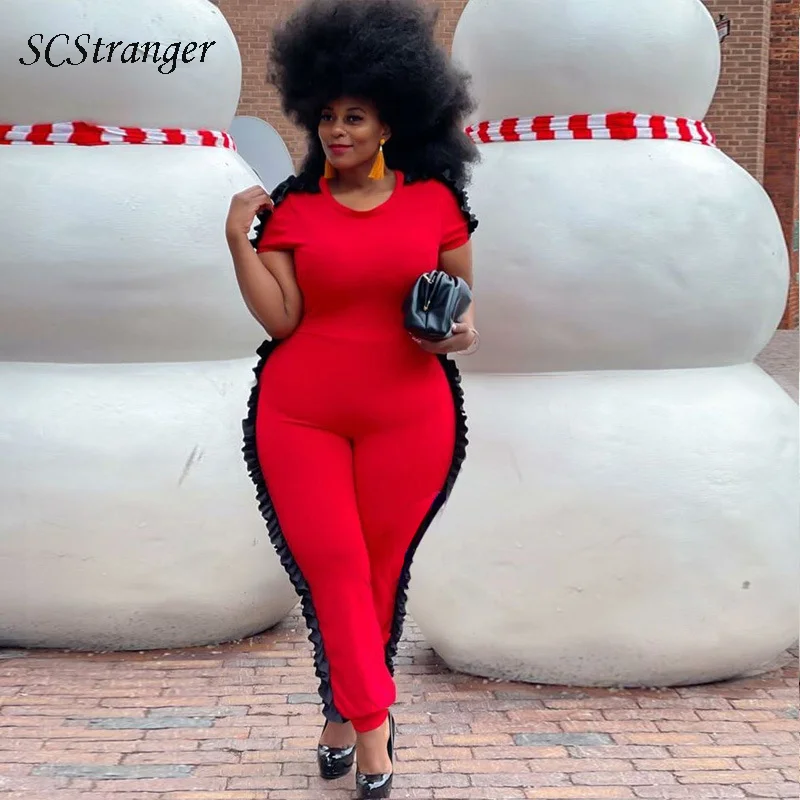 

SCStranger Streetwear Red Big Size Sexy Bodycon Jumpsuit Women Overalls Short Sleeve Skinny Rompers Womens Jumpsuit Female
