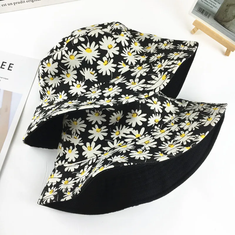 

INS Cute Sweet Daisy Flowers Double-sided Fisherman Hat Korean Men And Women Street Hip Hop Sun Hat Basin Hat