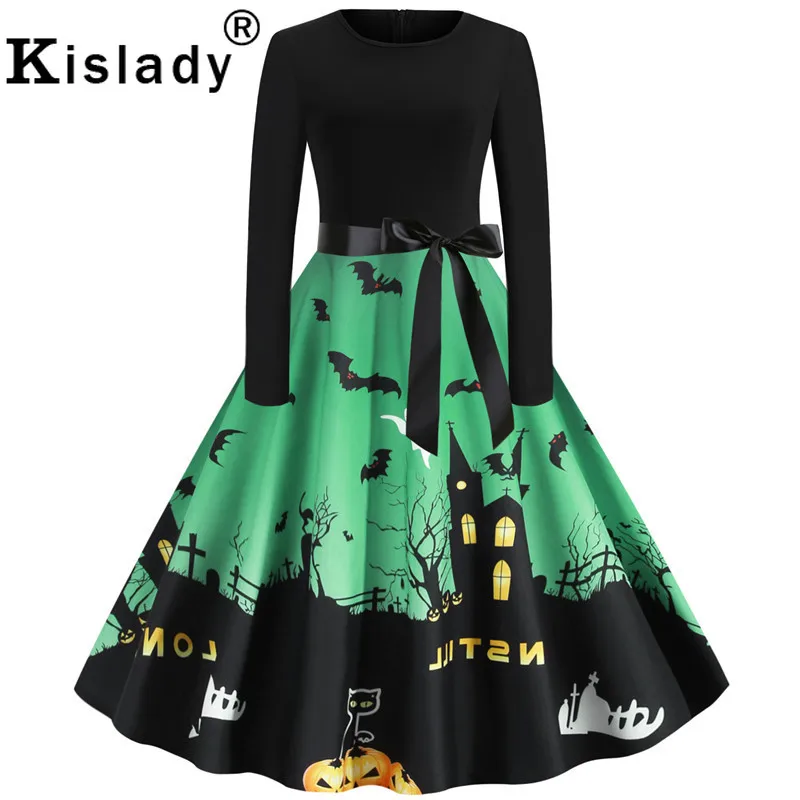 Женское винтажное платье с принтом в виде замка летучая мышь и тыквы вечернее