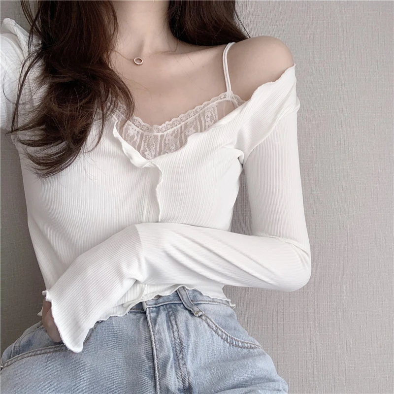 

White Lace Fake Two Piece Suspender Long Sleeve T-shirt Women's Autumn Machine Sexy Off Shoulder Bottoming Shirt Short Top