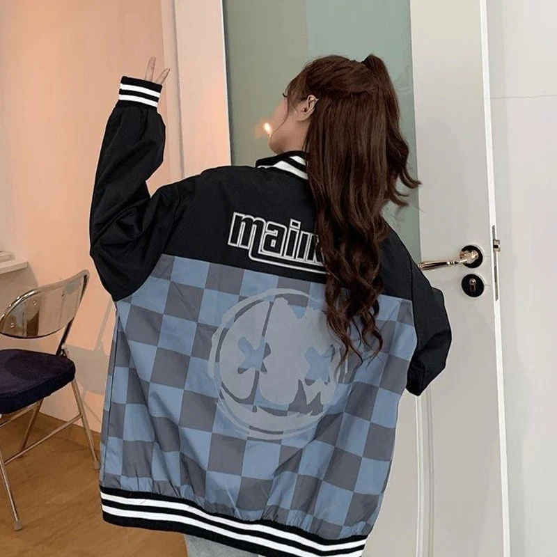 Повседневные клетчатые куртки в стиле Харадзюку с надписью женские корейские