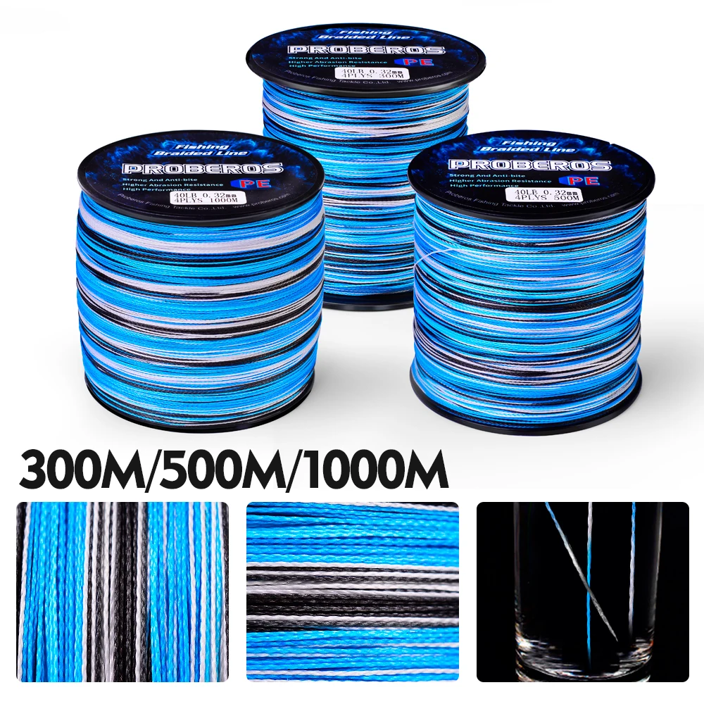 PROBERO 4&8 Braids Fishing Line 300-500-1000M Multifilament Weaves Line 10LB-100LB Smooth Wired PE Line for Bass Pike Fishing