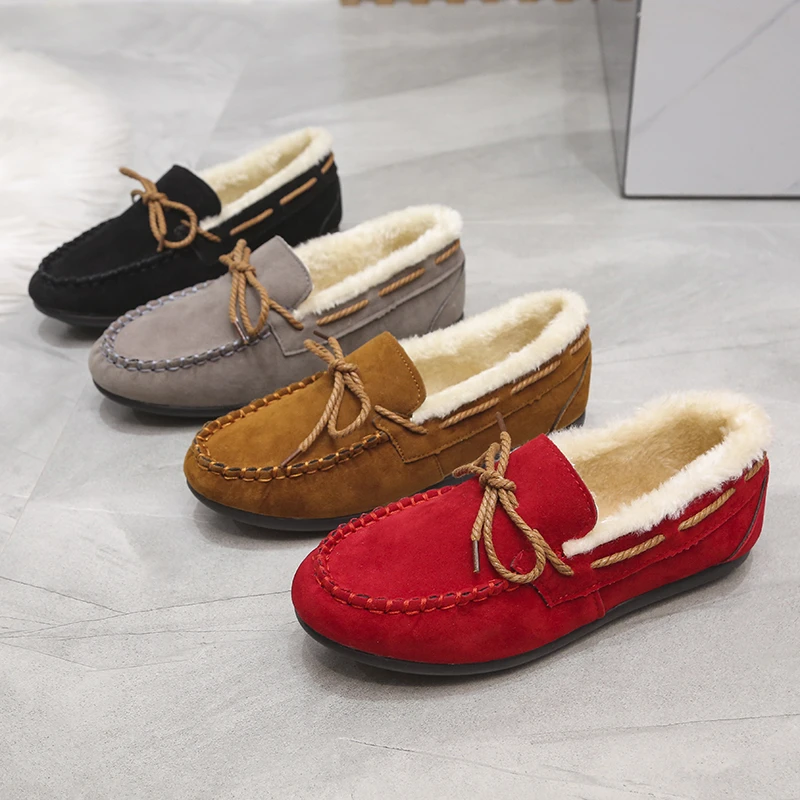 

Women's Moccasins Soft Flat Fluffy Footwear Winter Female Shoes Home Warm Plush Bow Slip On 2021 Vintage Fashion Comfort Shoes