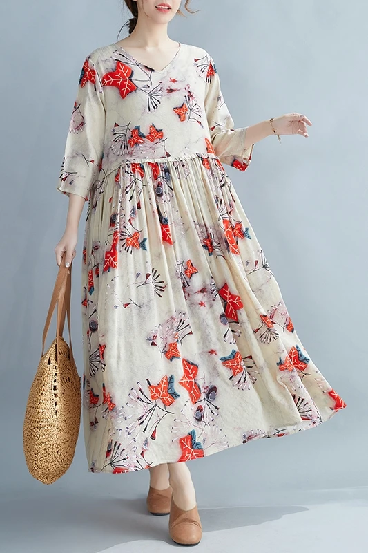 

COIGARSAM Half Sleeve Women Long dress New Summer Print V-Neck Dresses Design And Color 9327