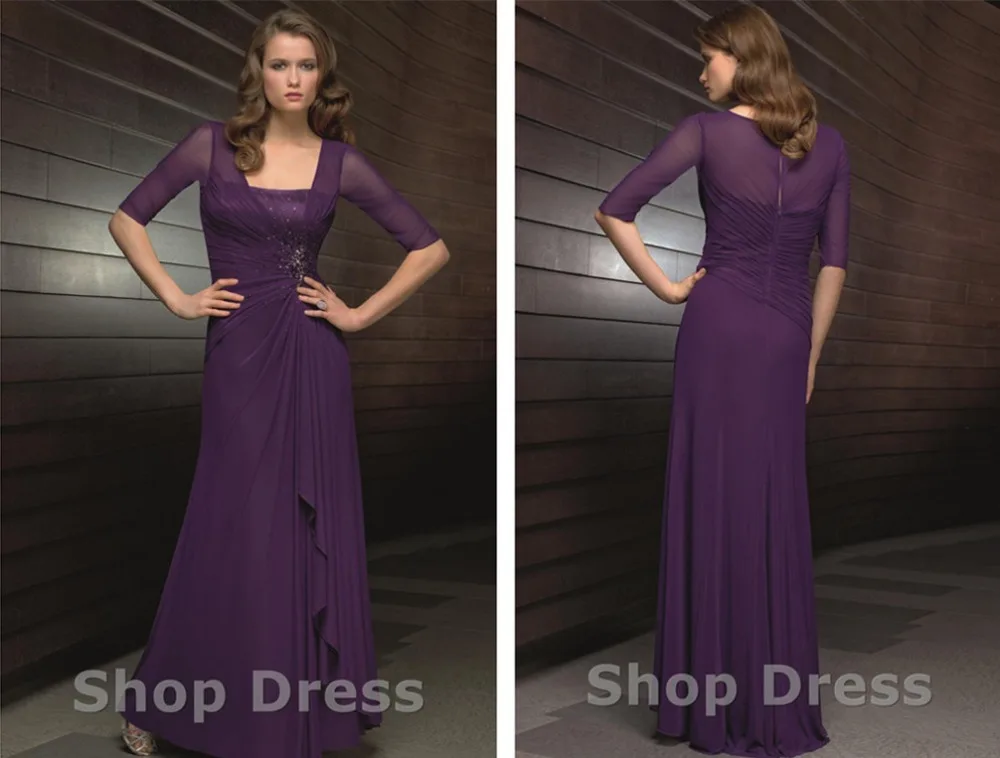 

custom beading half sleeve gorgeous vestido de festa madrinha 2015 purple chiffon long Mother of the Bride Dresses free shipping