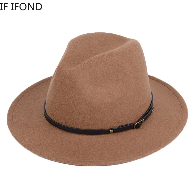 

Wool Felt Jazz Fedora Hats Belt Buckle Decor Women Unisex Wide Brim Hat Winter chapeau femme