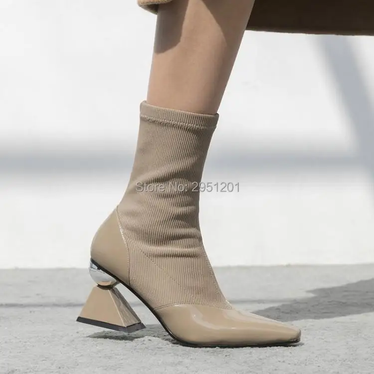 

Fashion Design Stretch Sock Boots Ankle Strange Fretwork Heels Point Toe Knitted Slim Boots Black Apricot Pumps Size 34 - 40