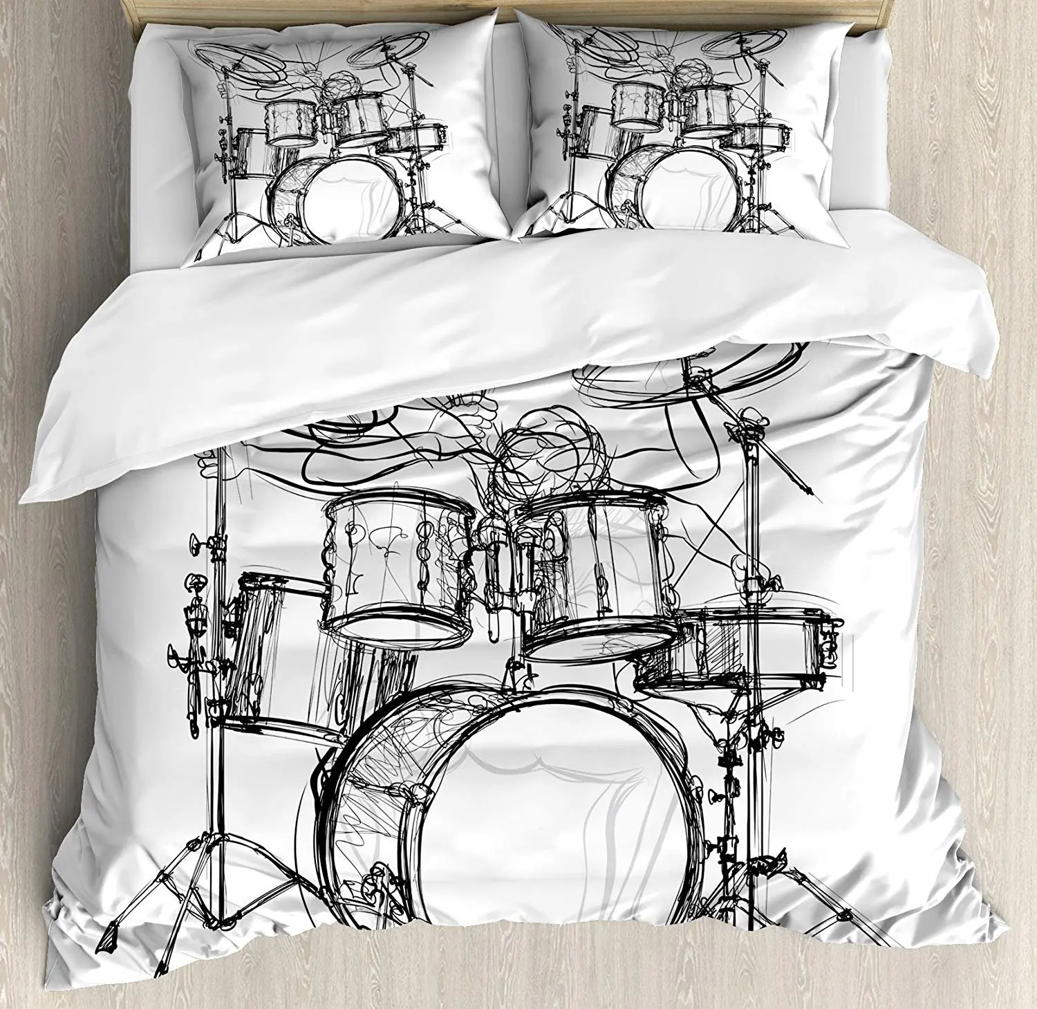 

Rock Music Bedding Set Doodle Drawing Sketch Style Drummer Musical Inspirations Monochrome Arrangement Duvet Cover Bed Set