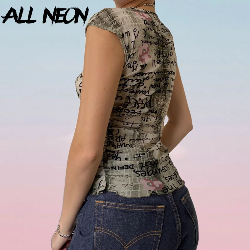 

ALLNeon Y2K Fairy Grunge Drawstring Ruched Crop Tops Vintage 90s Aesthetics Letter Print V-neck Short Sleeve T-shirts E-girl Tee