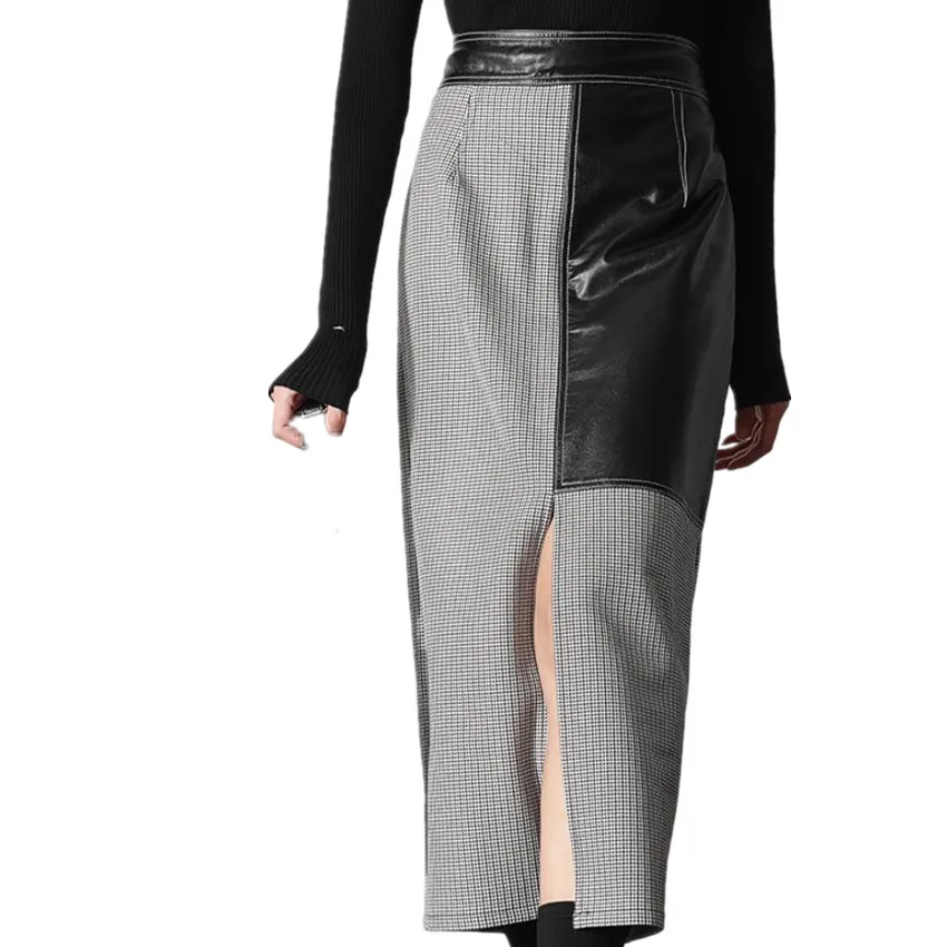 

New arrival spring plaid stitching split ol skirt women high wasit package hip pu ankle length skirt