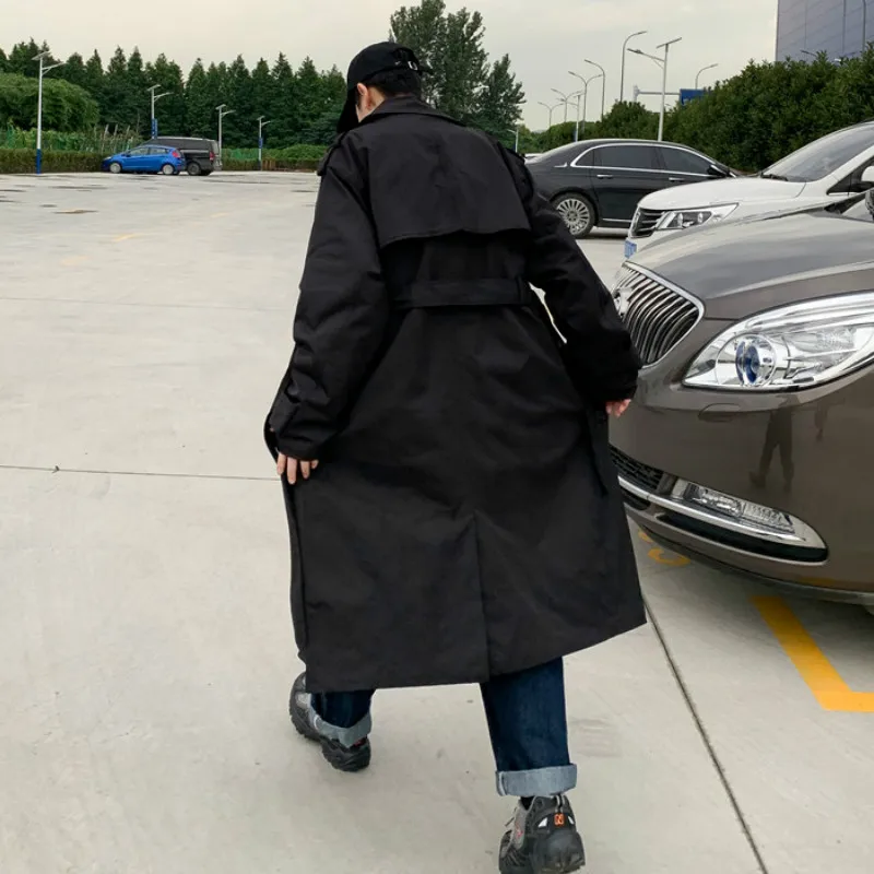

Men Trench Coats Medium Long Korean Style Ulzzang Double Breasted Solid Harajuku British Style Streetwear Male Outwear All-match