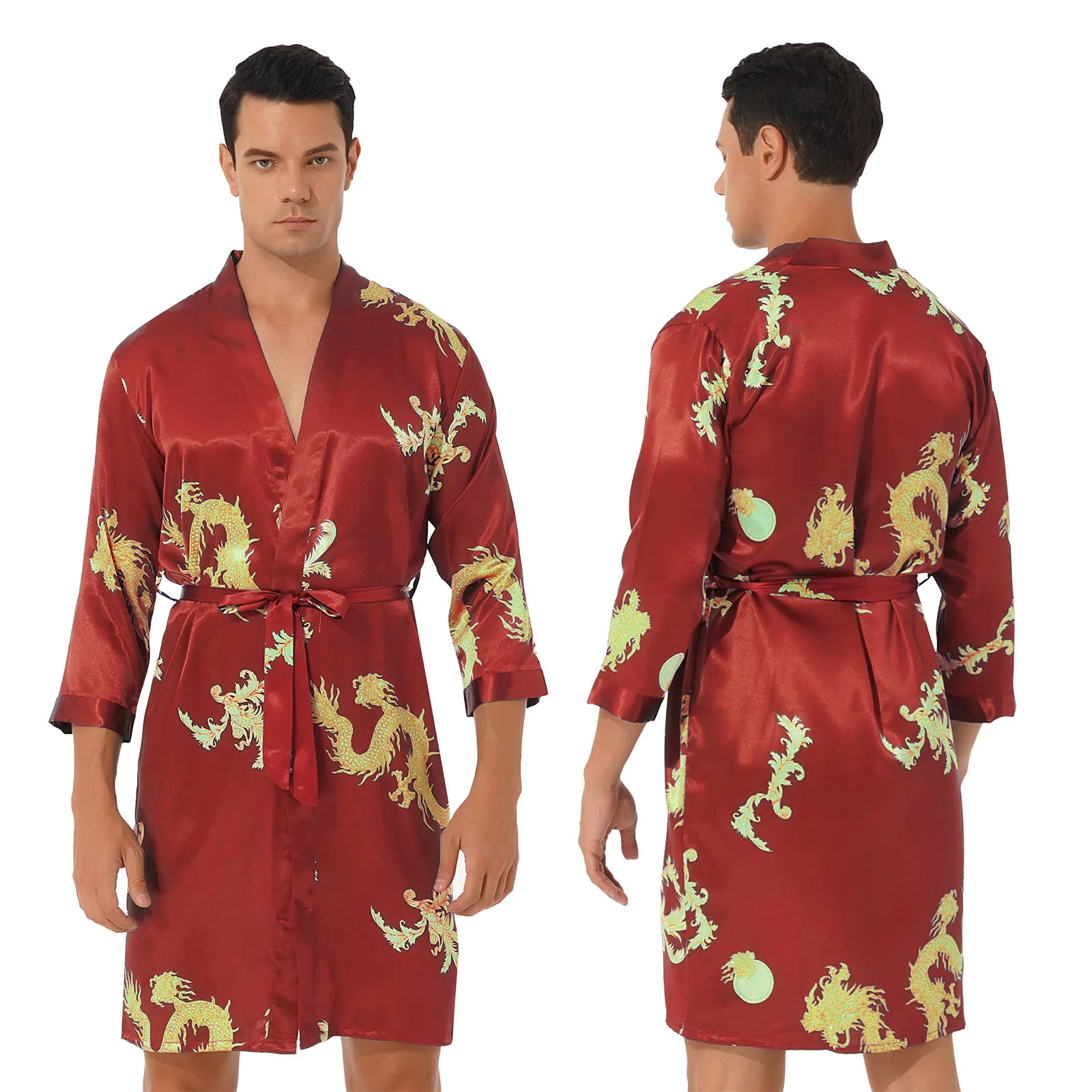 

Mens Dragon Printed Satin Nightgown Sleepwear Two-Piece Nightwear Long Sleeve Kimono Bathrobe Belted Night-Robe with Shorts