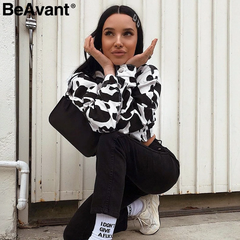 BeAvant Мода корова печати Женская куртка оверсайз осень длинный рукав пуговицы