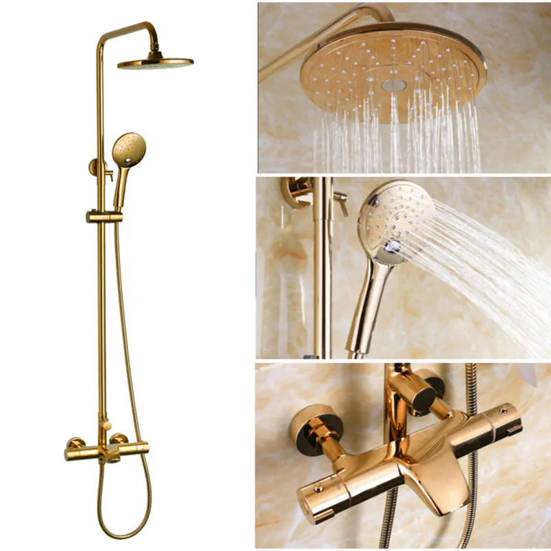 

Bathroom brass mixer tap faucet golden/white thermostatic shower system with pressure boost shower nozzle waterfall shower