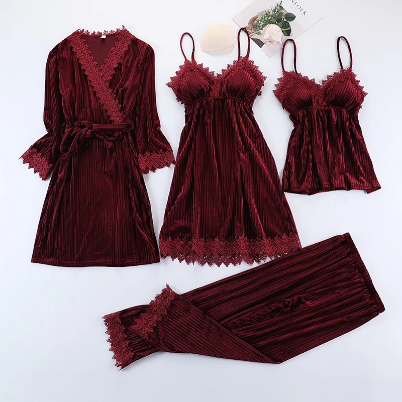

Women Velour Sexy Lace Trim Nightwear Pajamas Suit Intimate Lingerie Sleep Set 4Pcs Kimono Velvet Soft Homewear Sleepwear