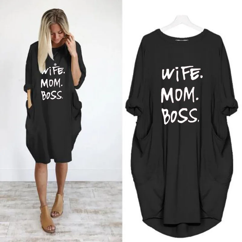 Vintage Plus size Women Dress Fashion Letter Printing Loose Midi Dress Autumn Long Sleeve Pockets Streetwear Womens Clothing 5XL