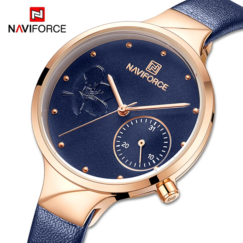 NAVIFORCE женские модные синие кварцевые часы с кожаным ремешком высокого качества