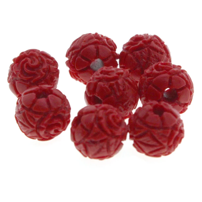 

20pcs 8 10 12 14mm Carved Flower Cinnabar Red Beads Round Ball Loose Spacer Beads for Jewelry Making DIY Charm Bracelet Findings
