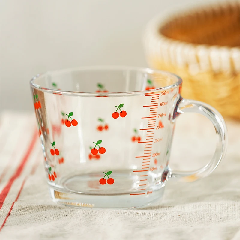 

400ml Cherry Blueberry Mug With Scale Transparent Glass Breakfast Milk Coffee Cup Large Capacity Party Beer Mug