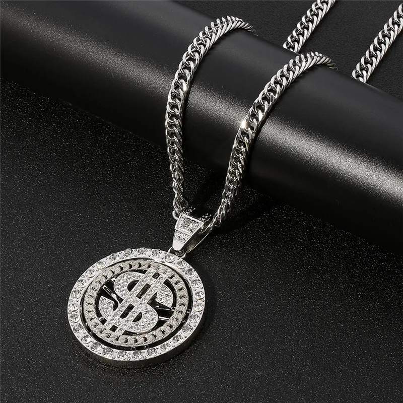 Hip Hop Gold Silver Color Rotating Dollar Pendant Long Necklace Rhinestone Men Boy Jewelry Disc Accessories | Украшения и