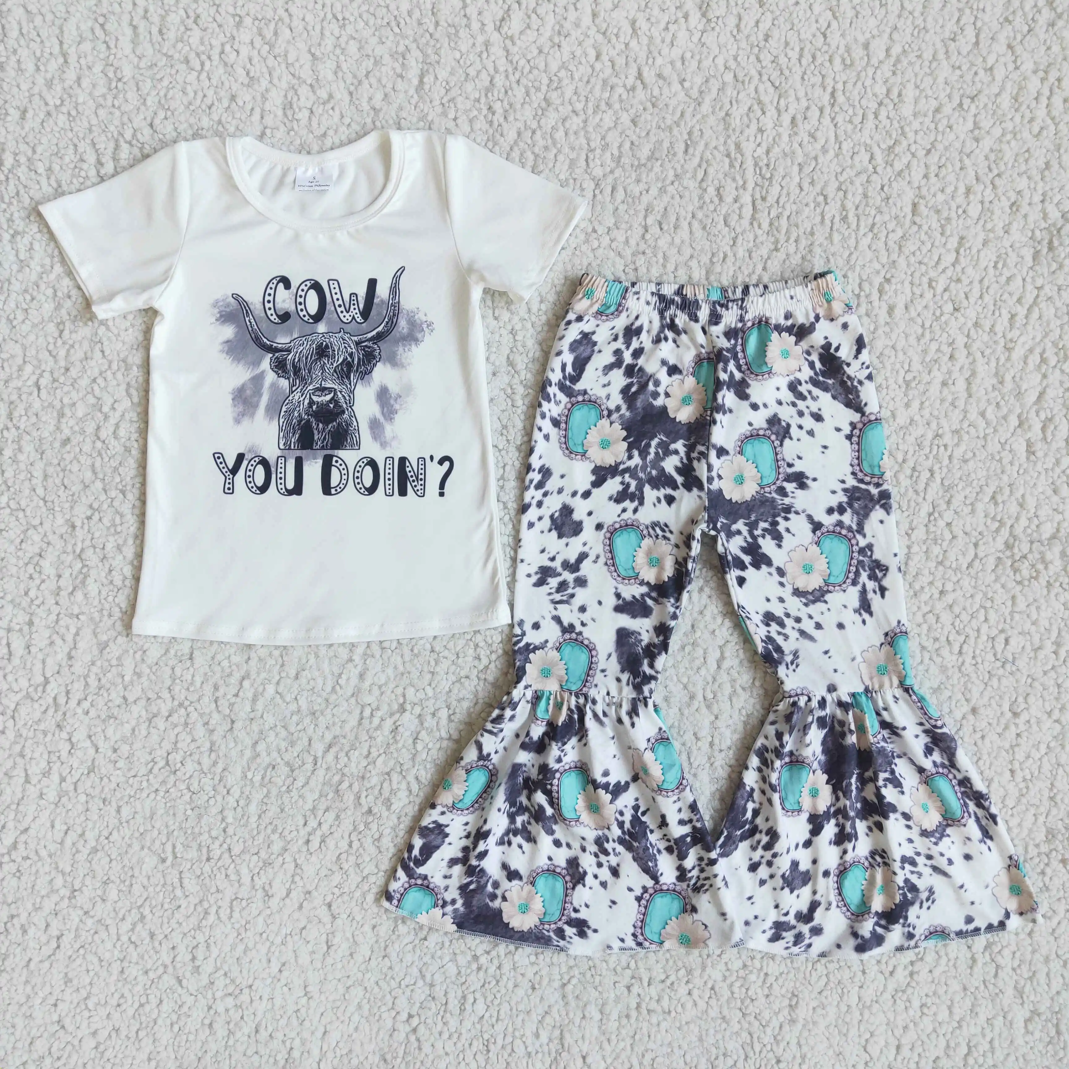 

RTS baby girl slibing outfit white cow short sleeve top match bell bottom pant kids clothes spring boutique clothing