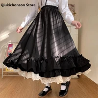 soft girl lolita skirts women japanese style kawaii high waisted a line lace hem big swing frilly ruffle long skirt black white