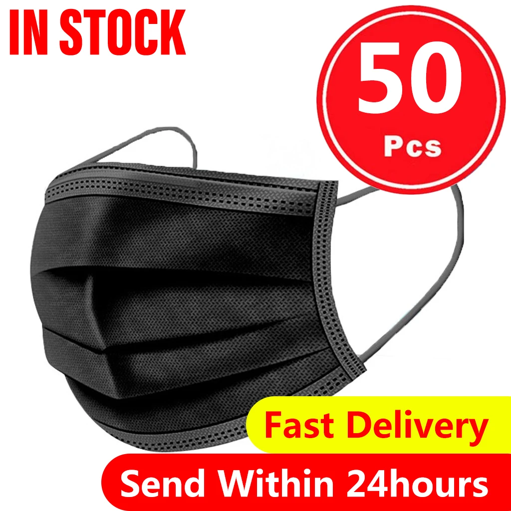 

50pcs 3ply Mask Black Mouth Cover Protect Mouth Nose Soft And Breathable Protection Facemask Mascarilla Mouth-muffle Face Cover