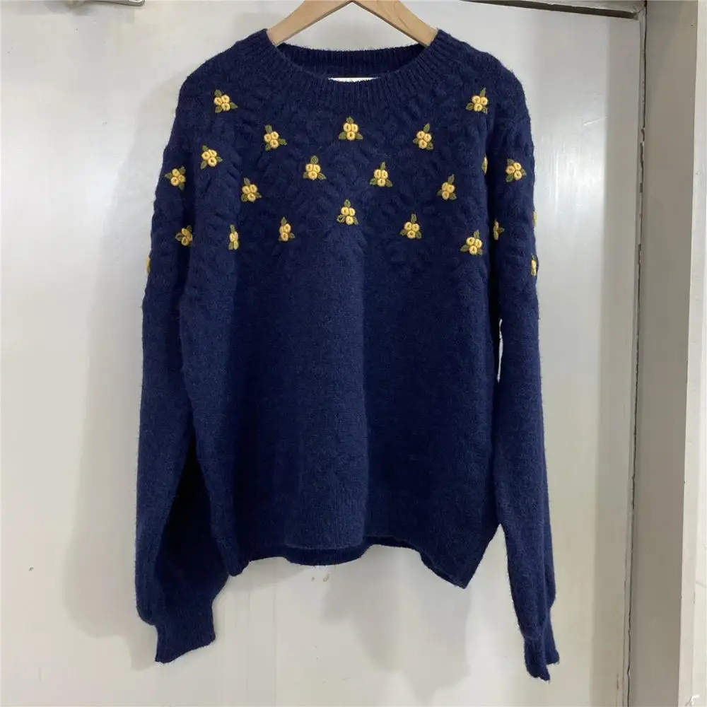 

JSXDHK Fashion New Women Floral Embroidery Sweater Jumper Autumn Winter O Neck Knitted Long Sleeve Female Loose Casual Pullovers