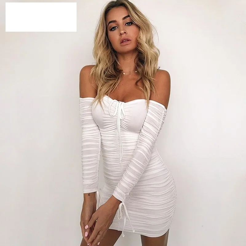 

Women Autumn Winter Bandage Dress Women 2020 Sexy Off Shoulder Long Sleeve Slim Elastic Bodycon Party Dresses Vestidos