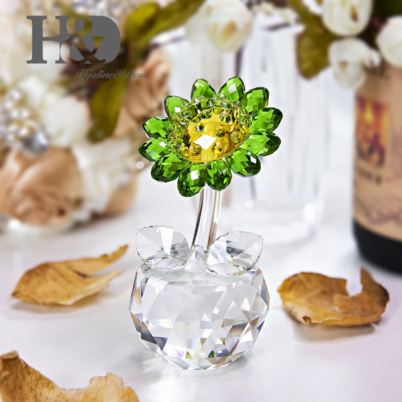 

H&D Glass Flower Statue Cut Paperweight Office Decor Car Display Figurine Birthday Gifts Crystal Sunflower With Gift Box Green