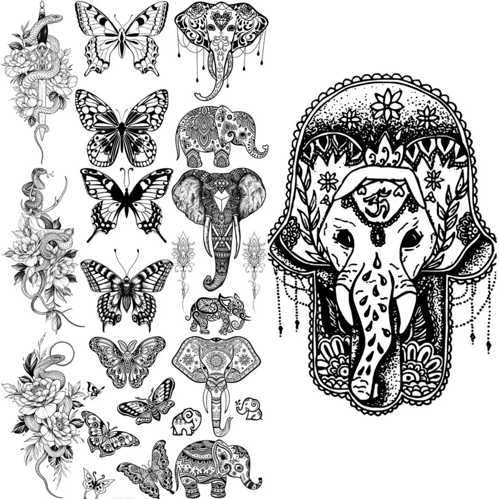 

Татуировки с изображением черного слона мандалы для женщин и мужчин, Реалистичная бабочка со змеей мечом, Цветочная искусственная задняя т...